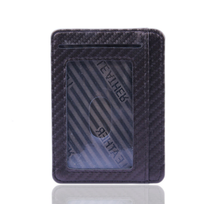 Carbon fiber patterned cardholder with brand name on a white background