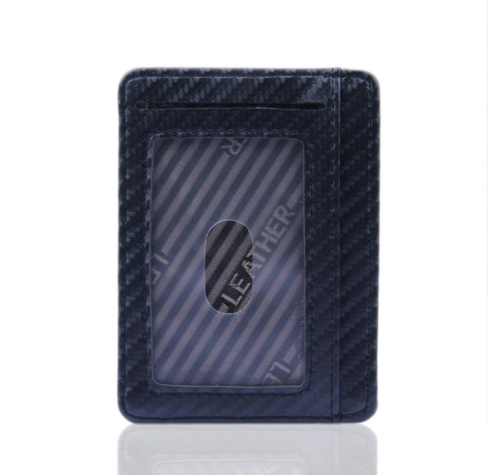 Navy blue cardholder with carbon fiber pattern on a white background
